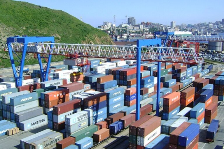 Rail mounted container gantry crane at port terminal