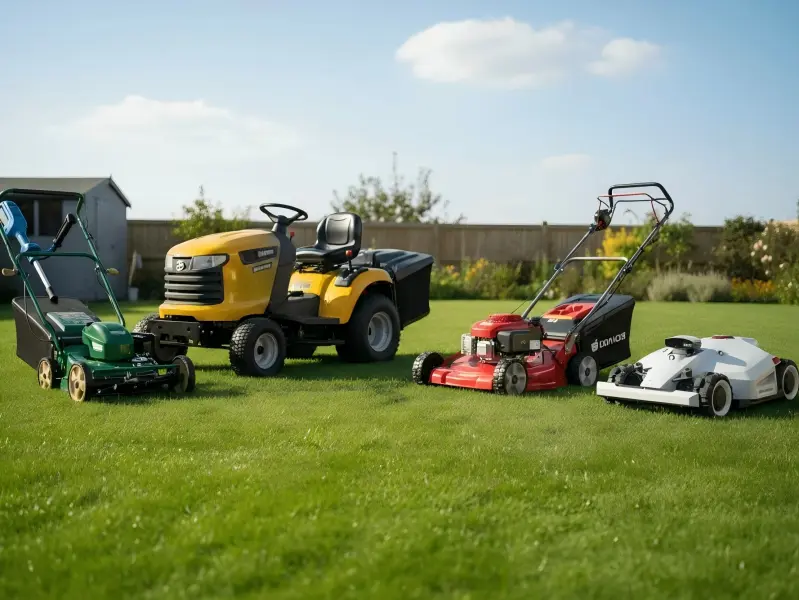 Different types of lawn mowers including remote control and tracked mowers